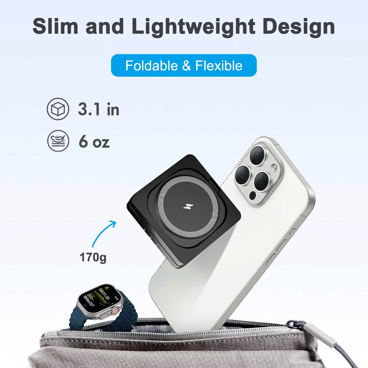 Foldable magnetic wireless charger showing weight and dimensions and phone compatibility
