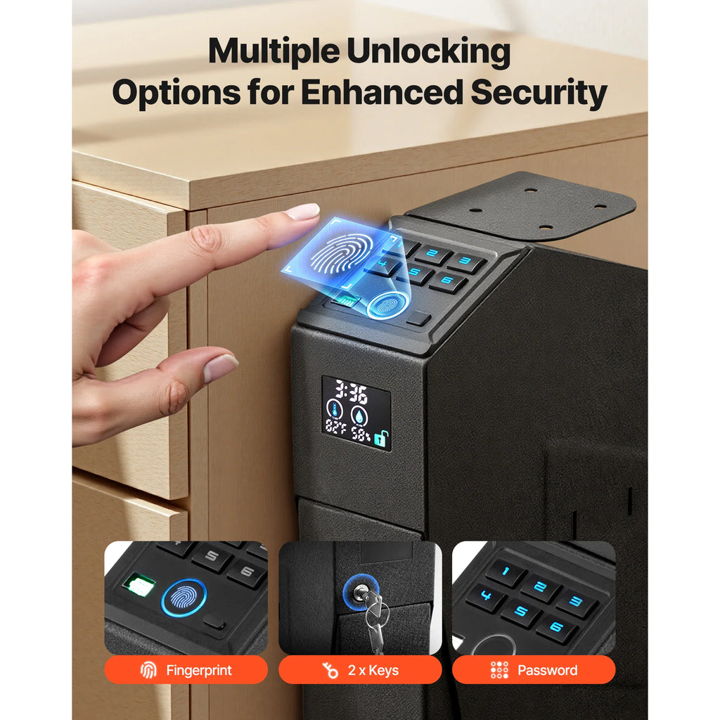 Biometric handgun safe showing fingerprint, key, and keypad unlocking methods