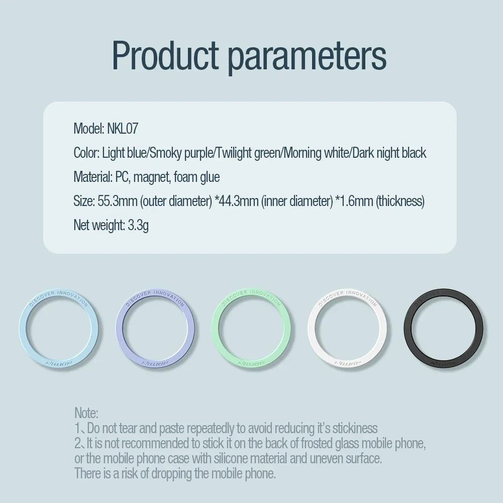 Technical parameters and color options for universal adhesive magnetic rings