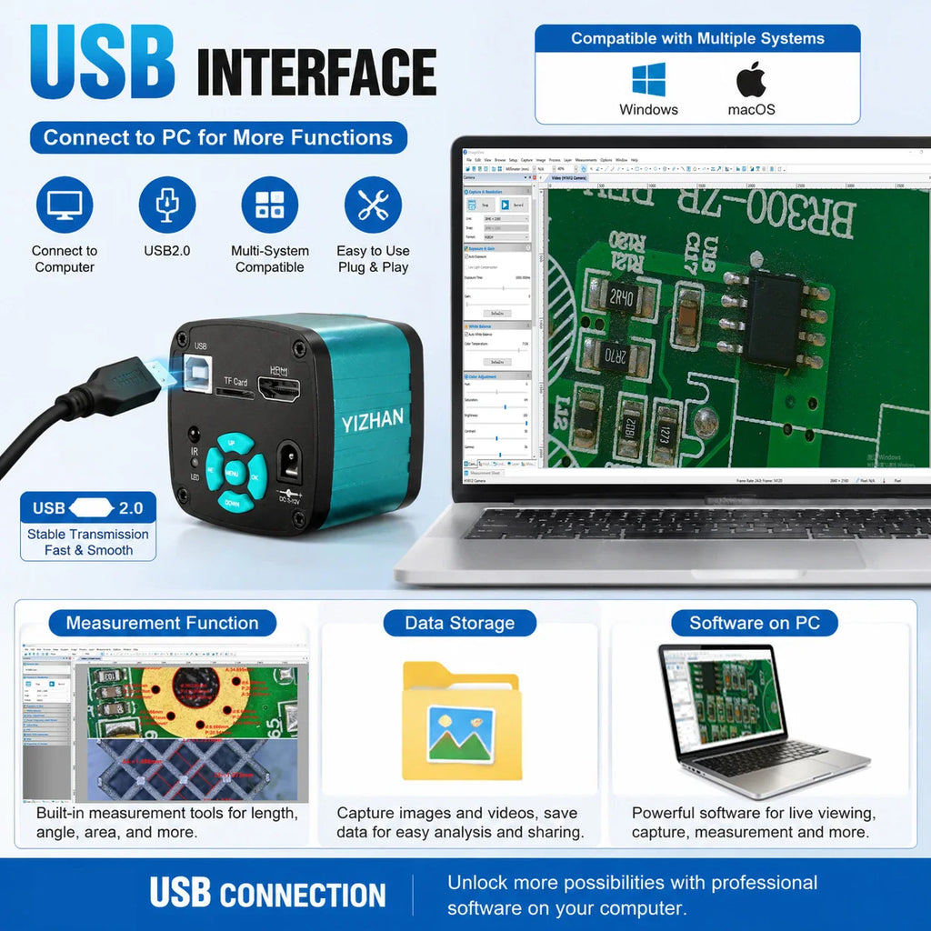 Digital microscope camera USB interface connecting to a laptop for computer analysis