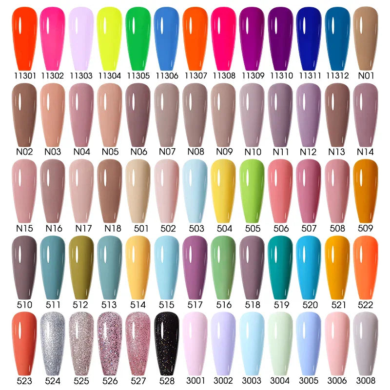 A catalog of various gel nail polish colors with corresponding shade numbers.