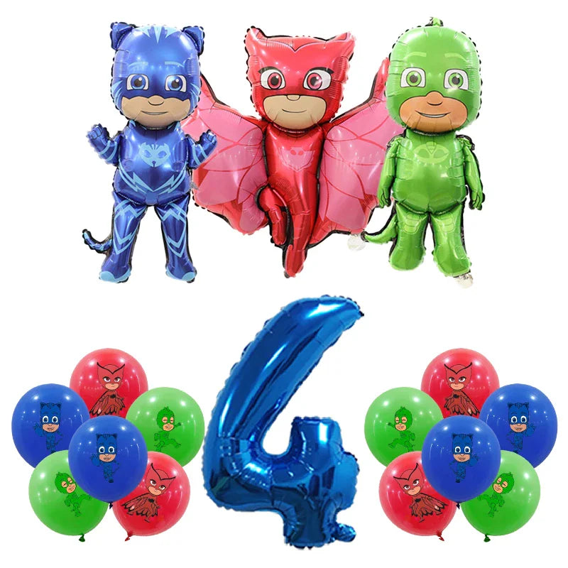 PJ Masks character foil balloons and assorted coloured latex balloons for a birthday party