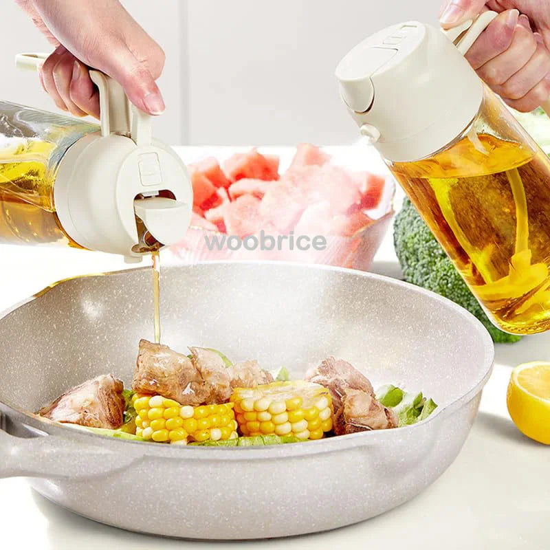 Glass oil dispenser bottle with pour mechanism for cooking