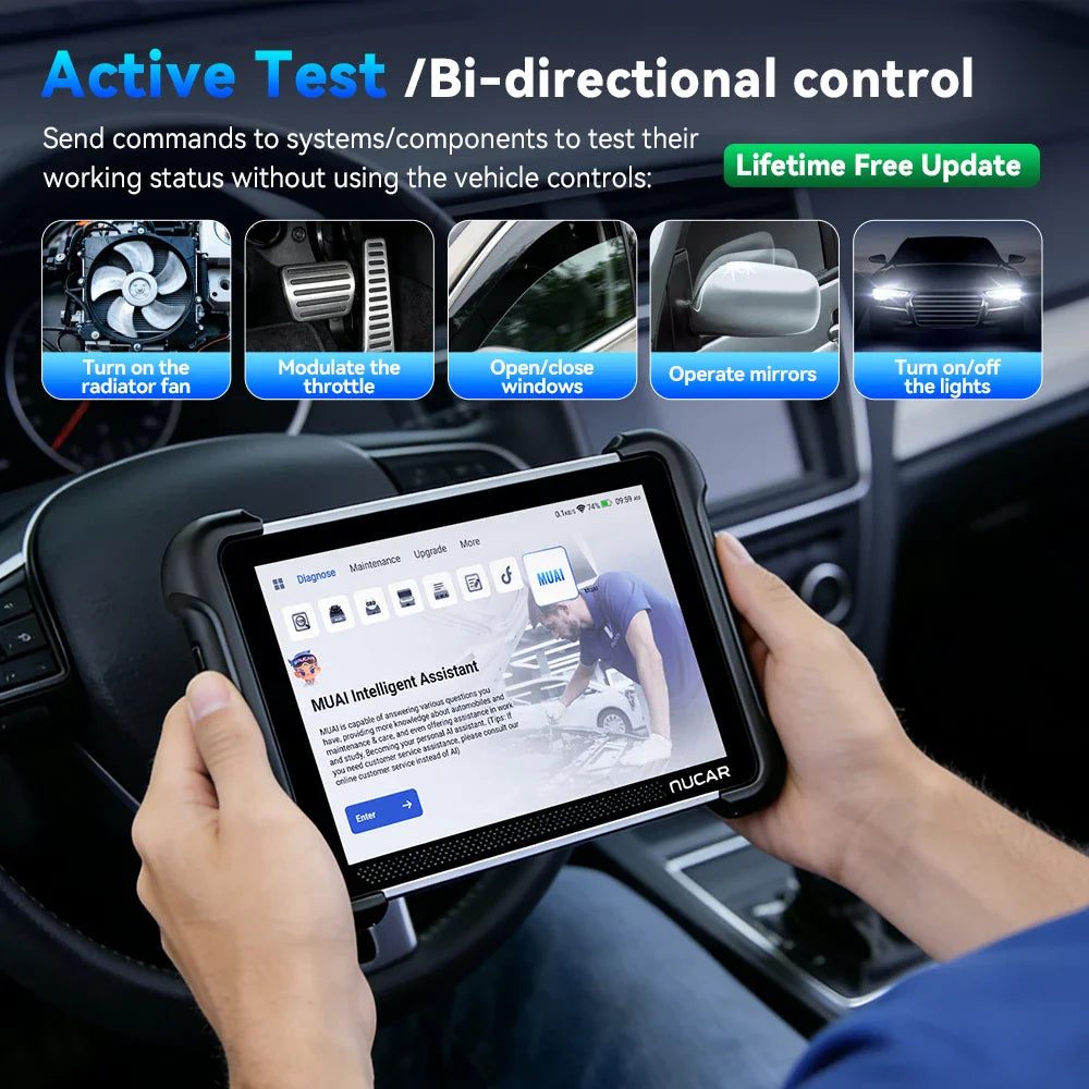 Automotive diagnostic tablet being used by a technician to perform active bidirectional system tests