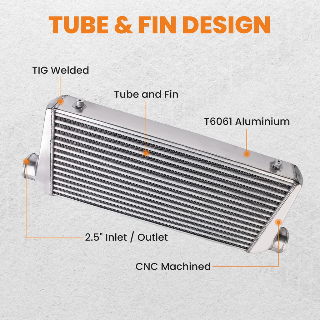 Intercooler unit showing TIG welded tube and fin aluminum design and inlet/outlet size