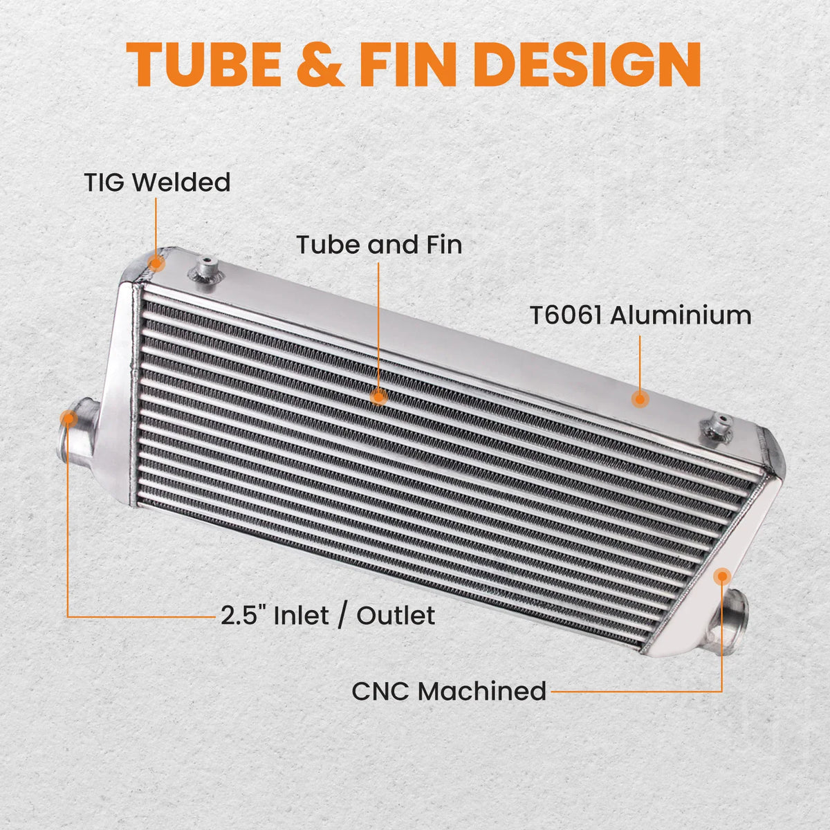 Intercooler unit showing TIG welded tube and fin aluminum design and inlet/outlet size