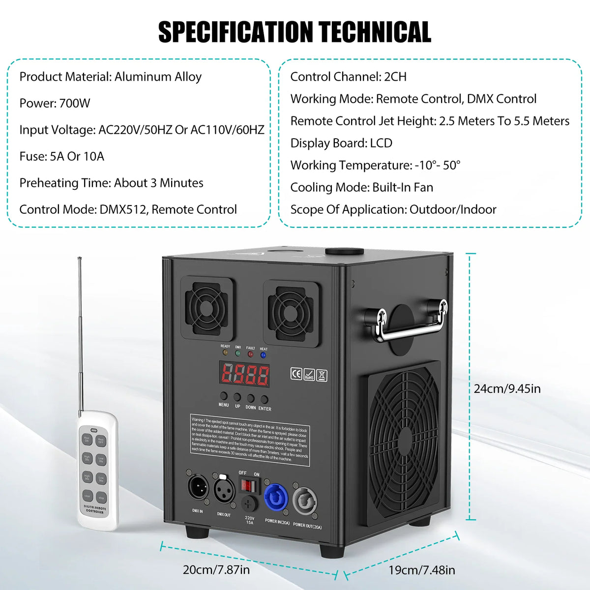 Technical specifications and dimensions of the cold spark machine
