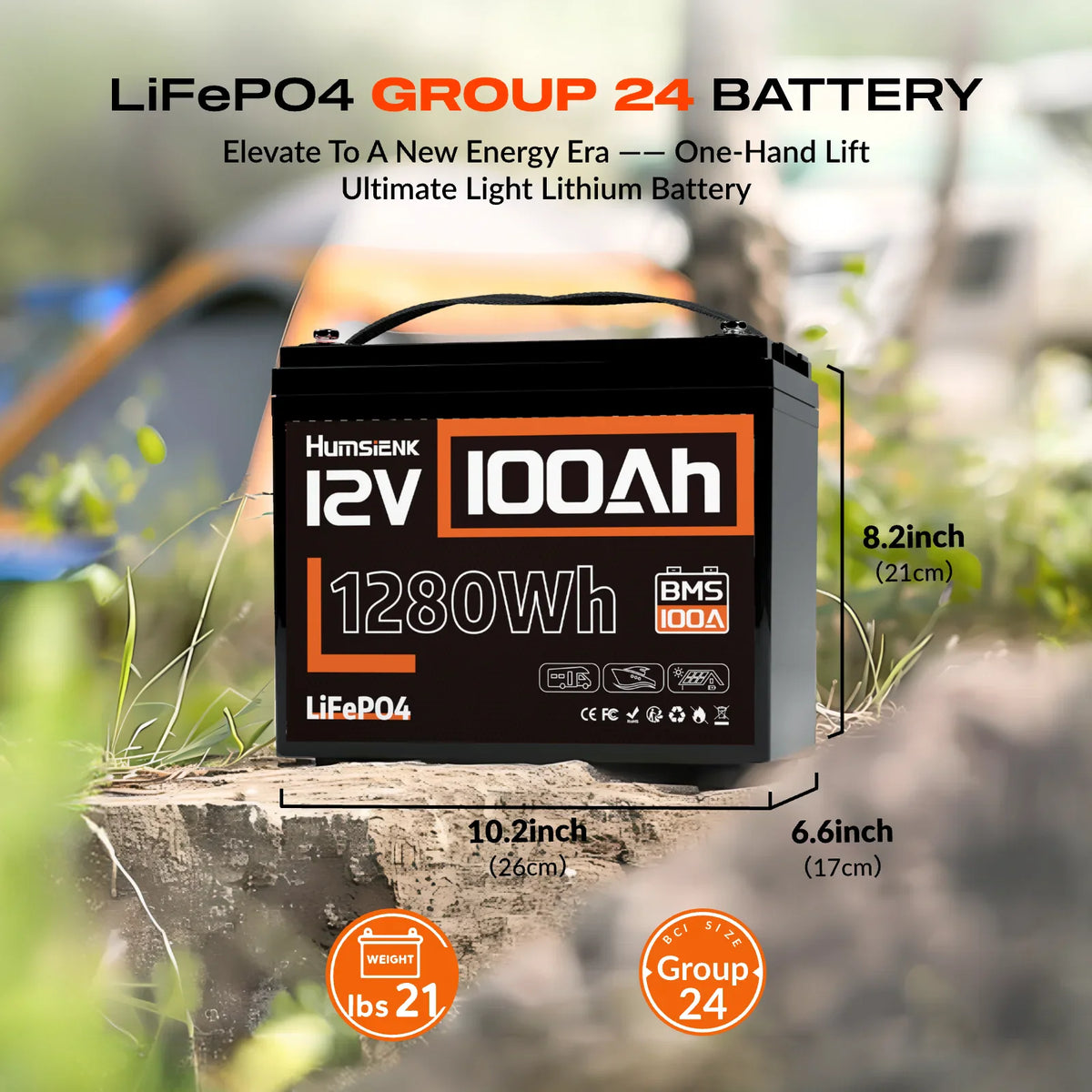 A 12V 100Ah lithium battery showing dimensions and weight.