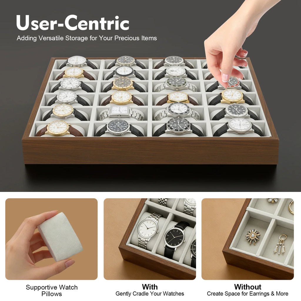 Wooden 24-slot watch display tray with removable pillows for watches and jewelry