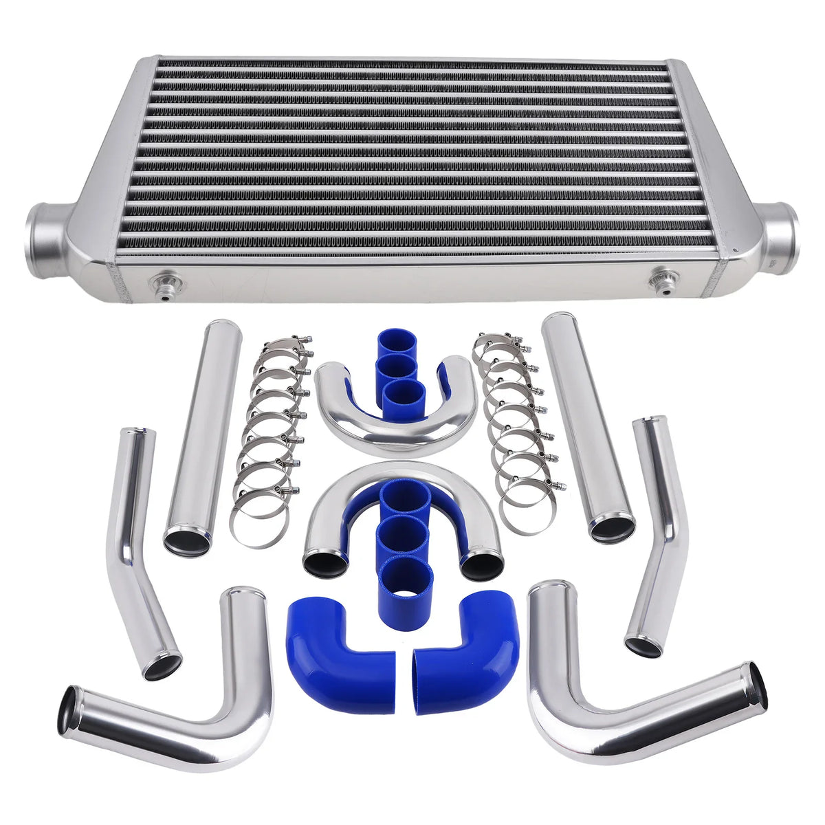 Universal turbo intercooler kit with aluminum pipes, blue silicone couplers, and metal clamps