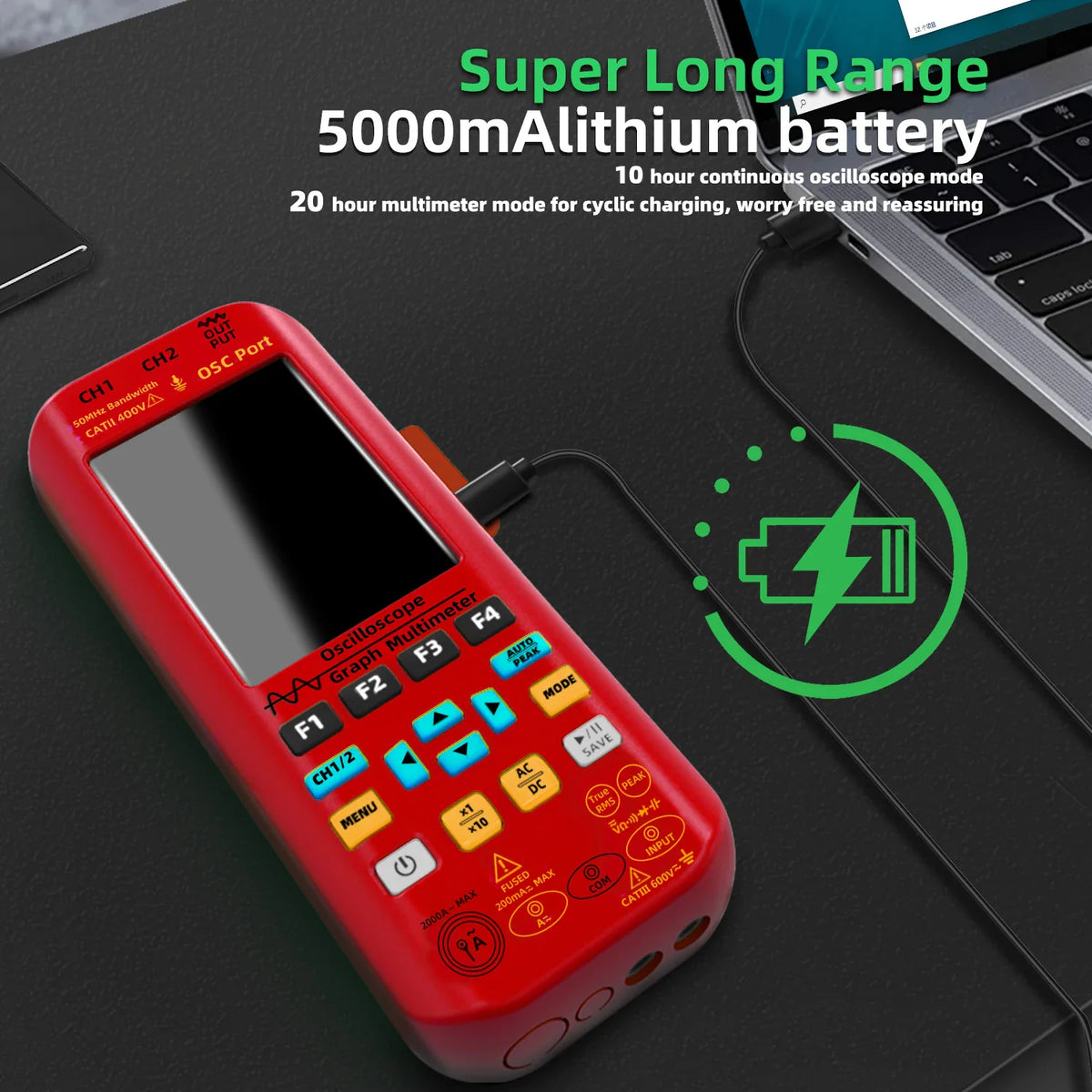 Handheld digital oscilloscope connected to a laptop for battery charging