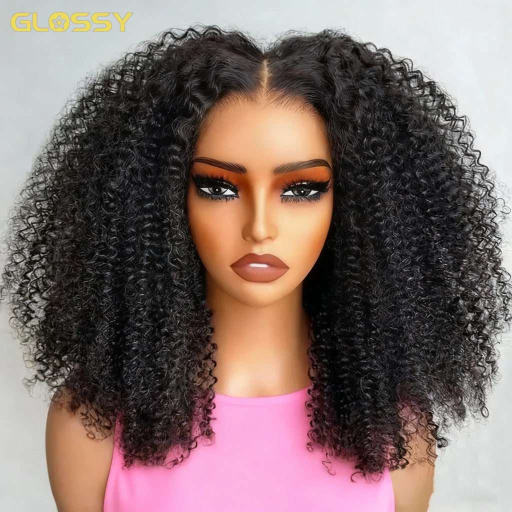 Long black kinky curly lace front wig on a mannequin head