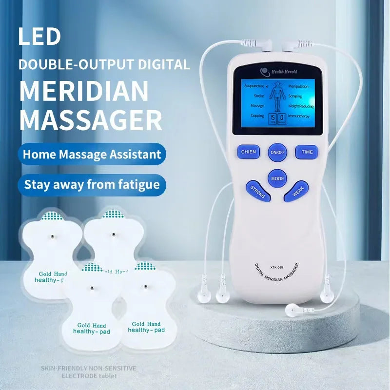 Digital electronic pulse meridian massager with multiple electrode pads and connection cables