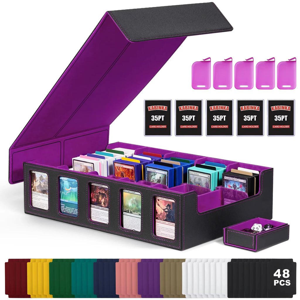 5-row trading card deck storage box with removable lid, dice tray, and colorful dividers. – Black-Purple