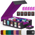 5-row trading card deck storage box with removable lid, dice tray, and colorful dividers. – Black-Purple