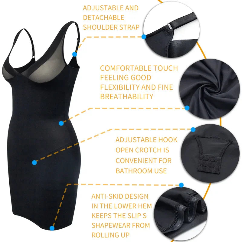 Black full body slip shapewear with feature details