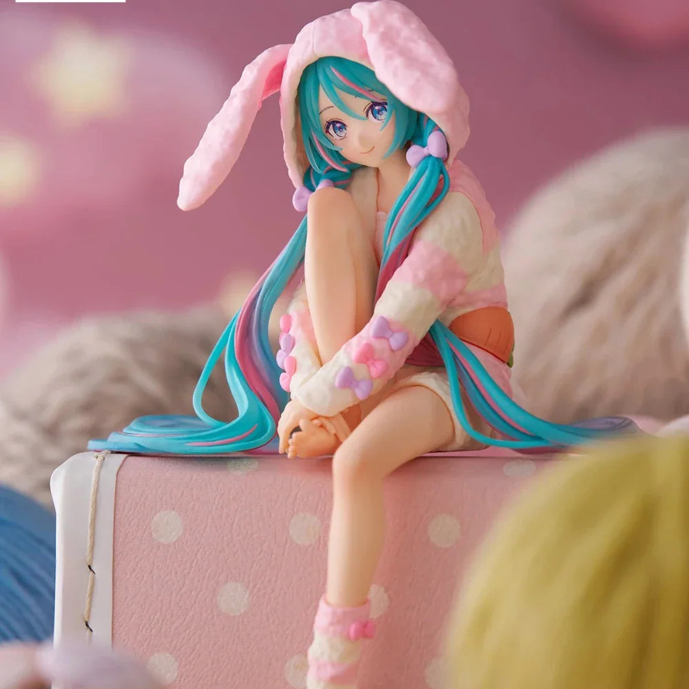 Hatsune Miku anime noodle stopper figure wearing a pink bunny ear pajama hoodie