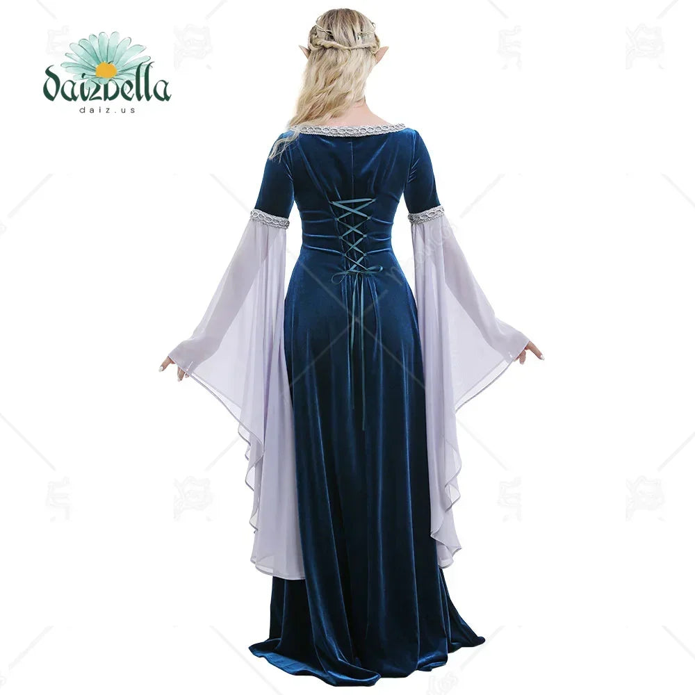 Back view of a dark blue velvet medieval dress with a lace-up corset back and flowing sleeves.