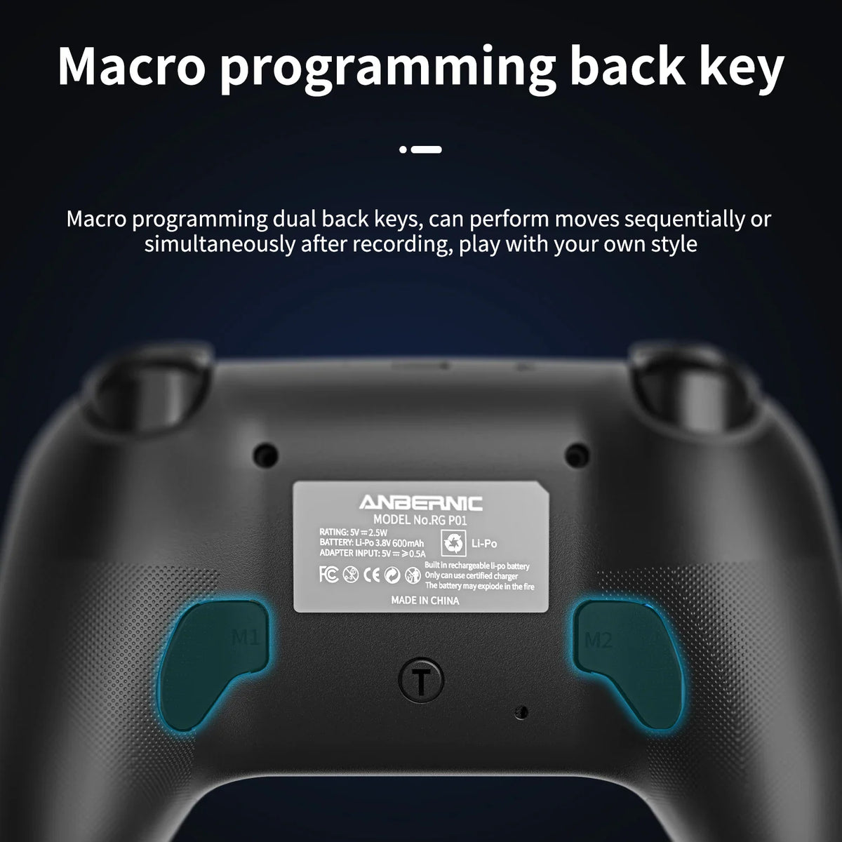 Back of black wireless gaming controller showing customizable macro programming buttons