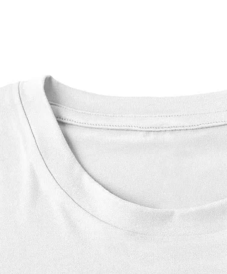 Close up detail of the crew neck collar on a white t-shirt