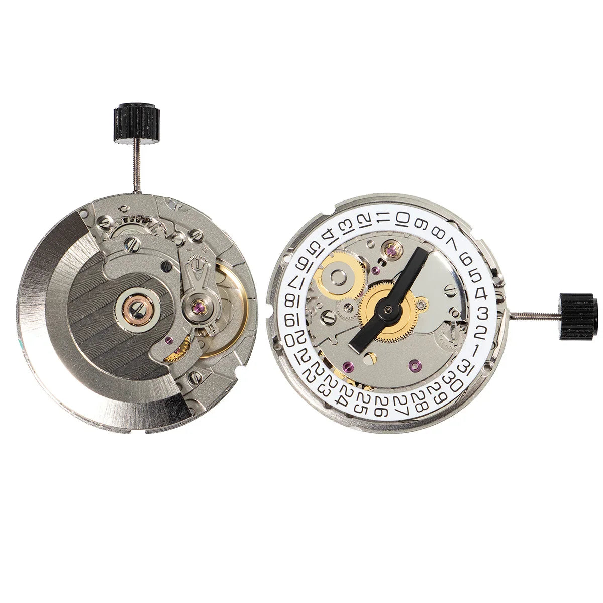 Two mechanical watch movements side-by-side, one showing the gear bridge and the other showing the date wheel.