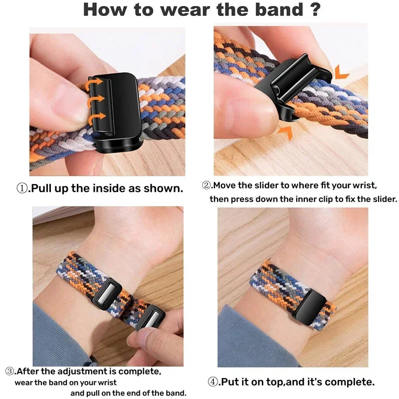 A four-step tutorial showing how to attach and adjust the magnetic braided watch band.