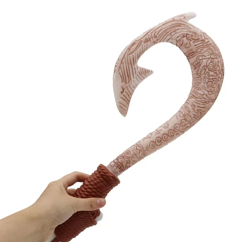 Cartoon adventure fish hook prop for role playing with tribal pattern engravings and rope wrapped handle