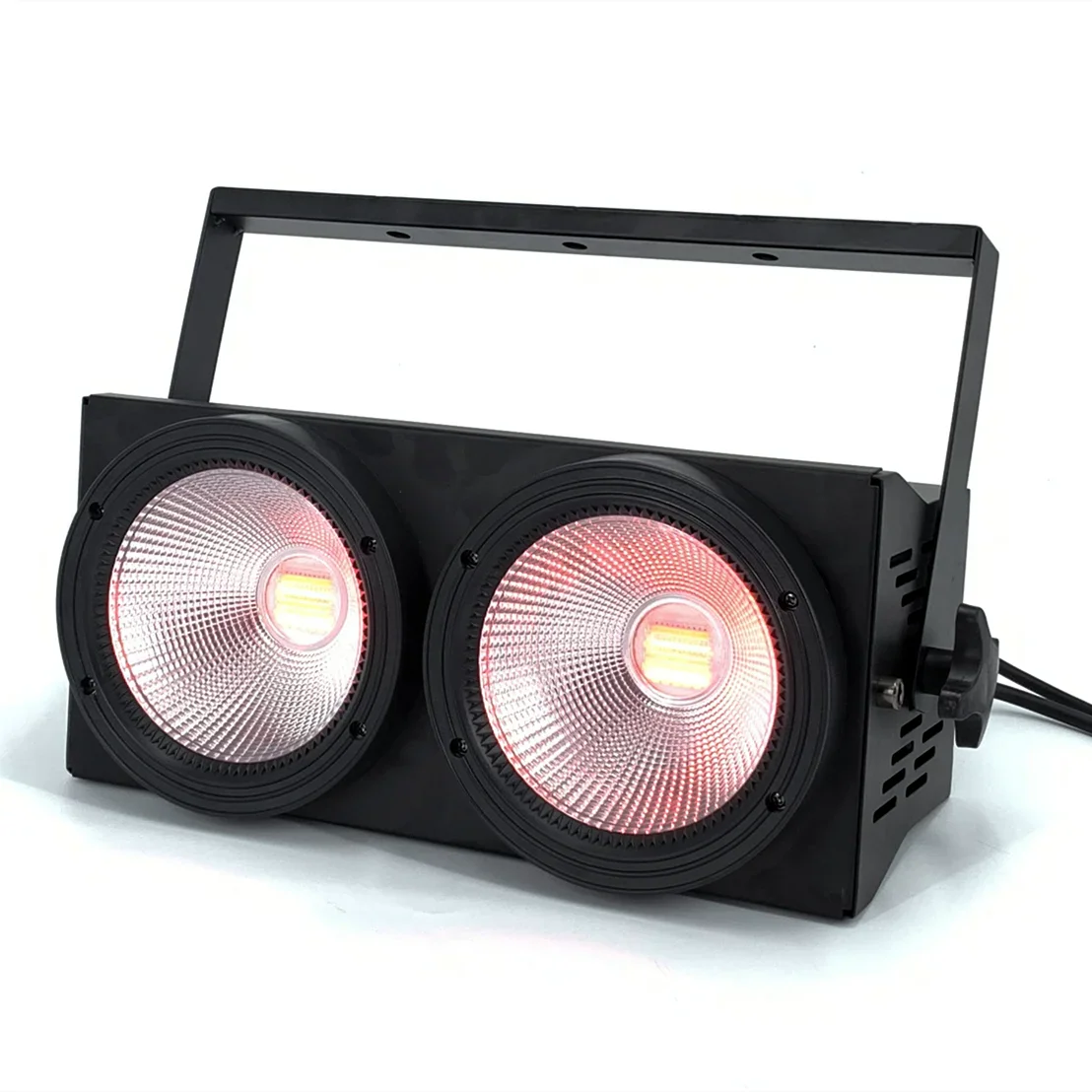 Black dual-lens LED stage audience blinder light with mount