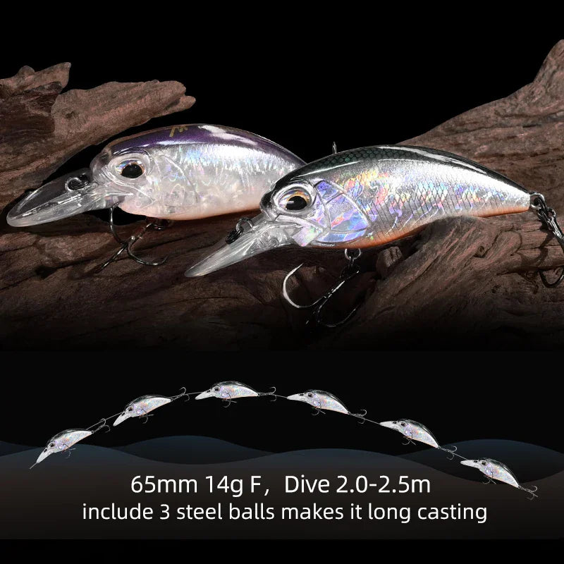Two floating crankbait fishing lures with diagram showing diving depth