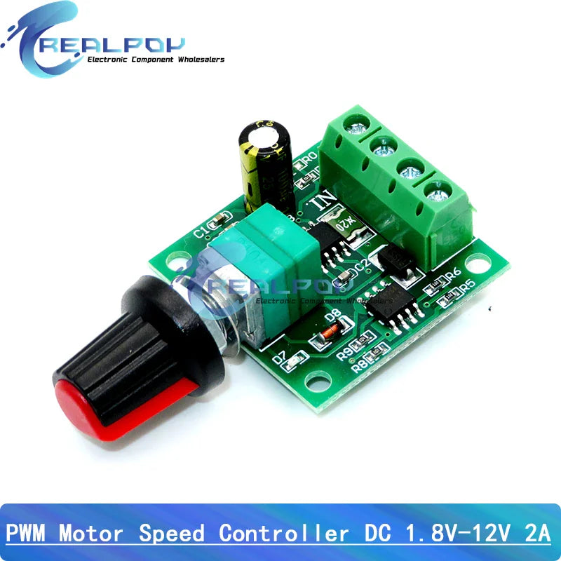 A small green circuit board with a black and red rotary knob for PWM motor speed control.