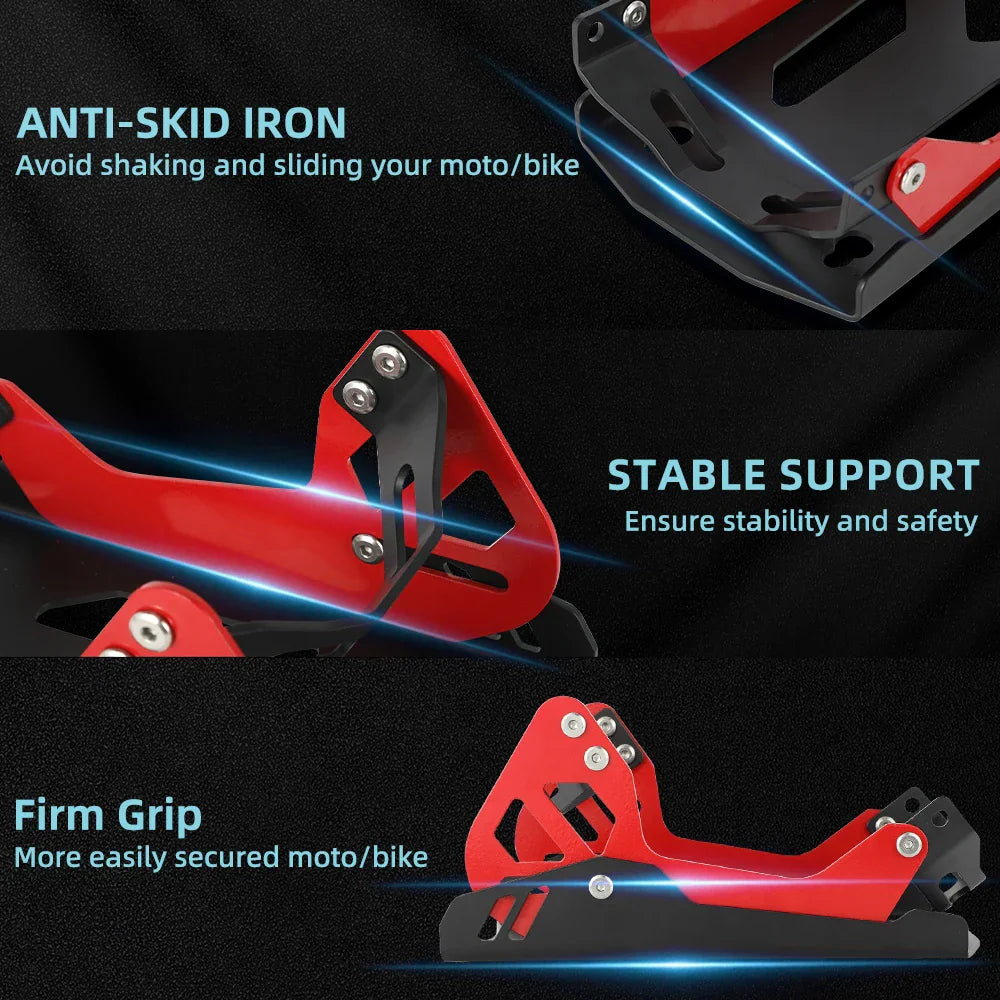 Three detailed views of a black and red motorcycle wheel chock with descriptive labels.