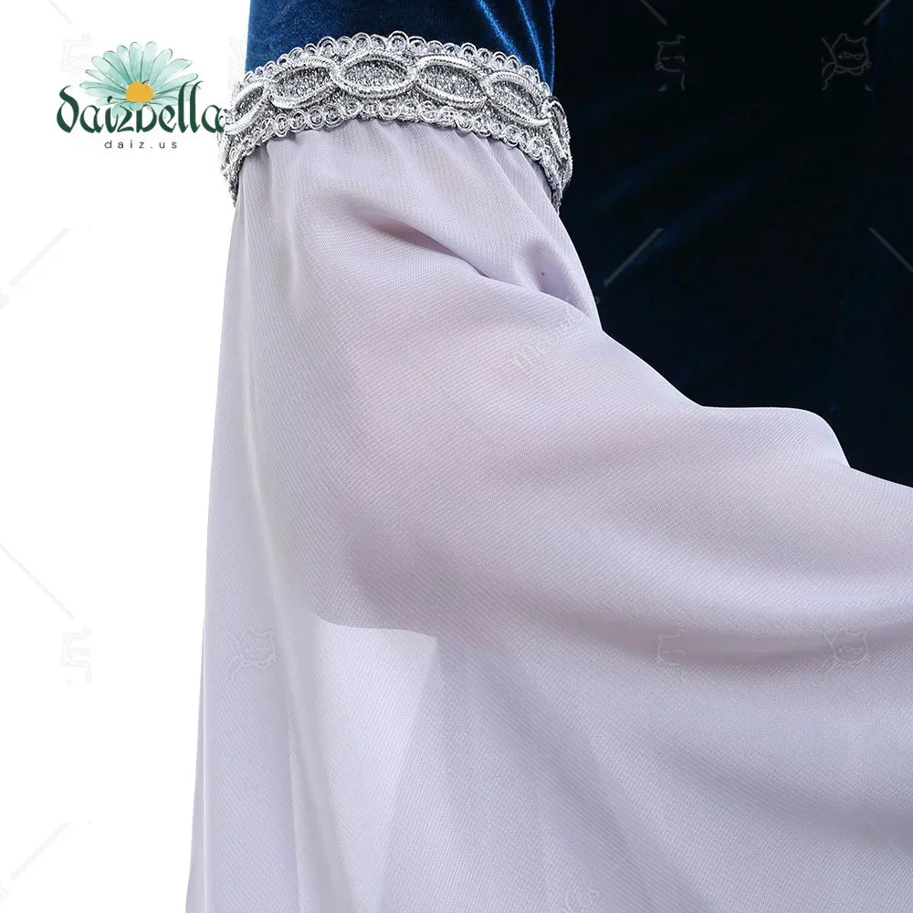 Close-up of the silver embroidery on the sleeve of a blue velvet medieval cosplay dress.