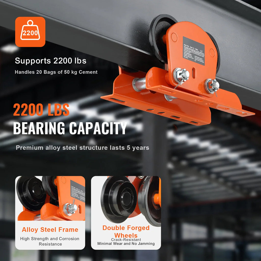 Orange beam trolley showing 2200 lbs load capacity and forged wheel construction