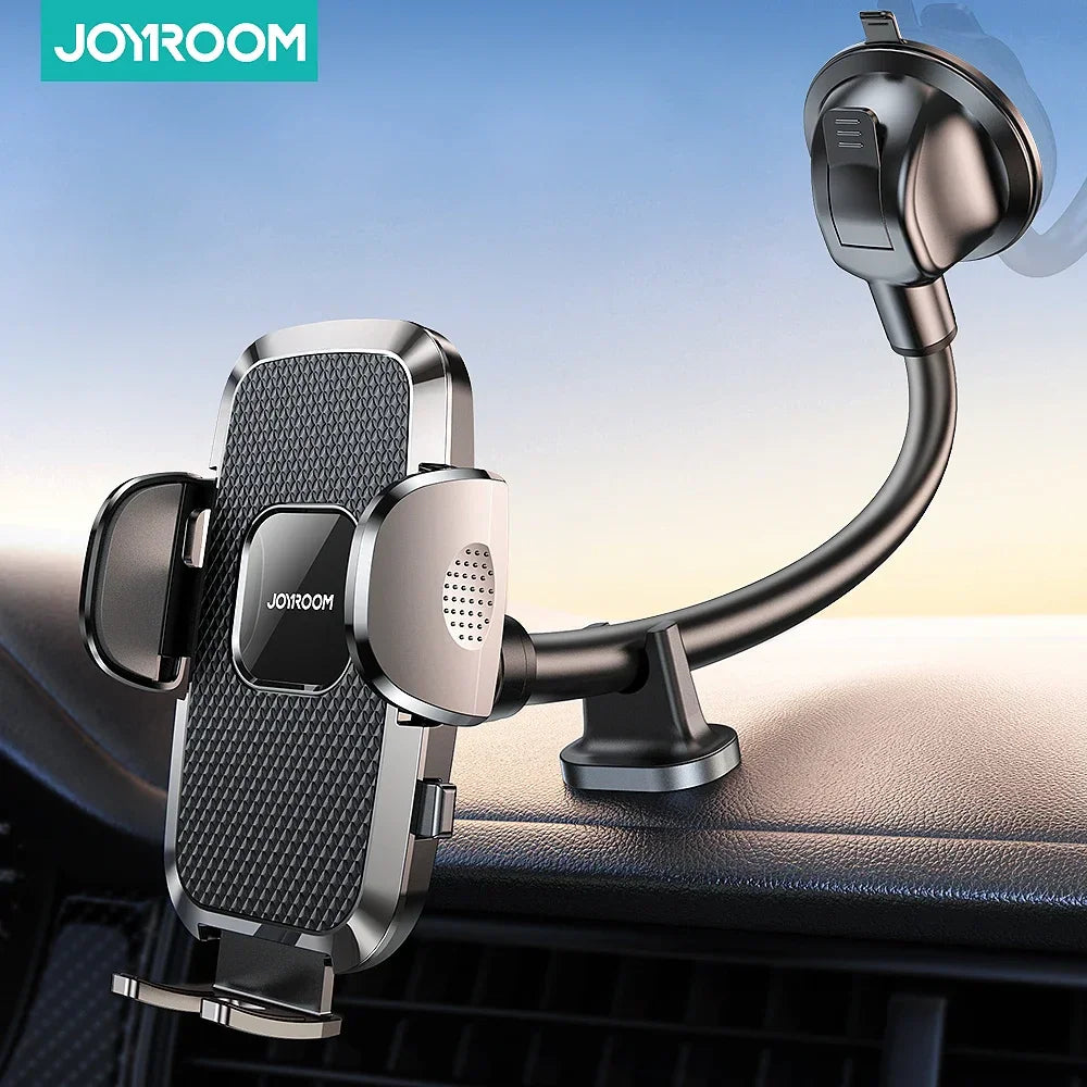 A sleek black car phone mount with a flexible arm and adjustable cradle on a dashboard.