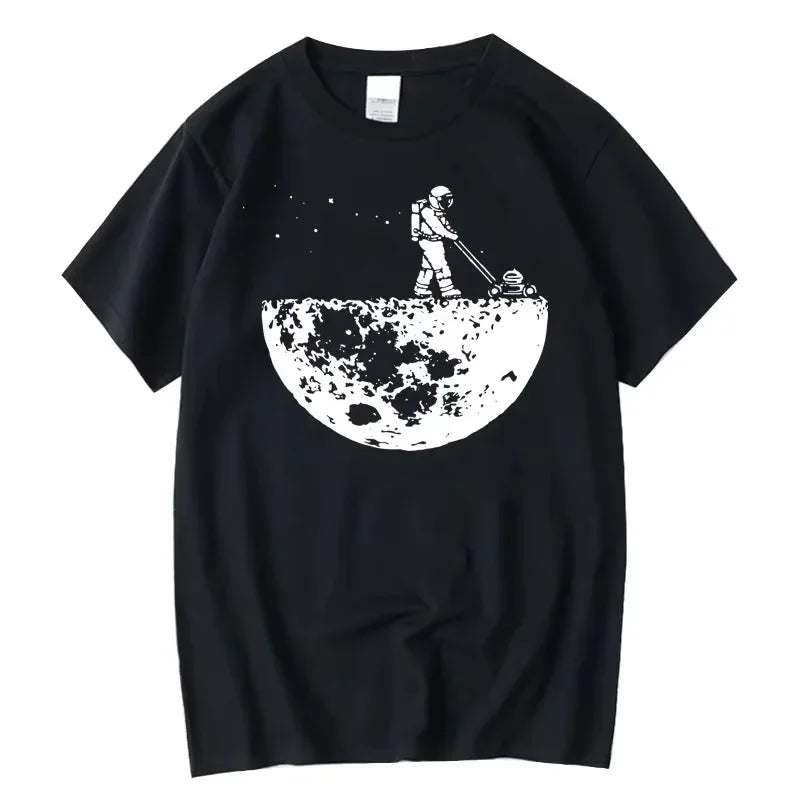 Black crew neck t-shirt with a white graphic of an astronaut mowing the moon