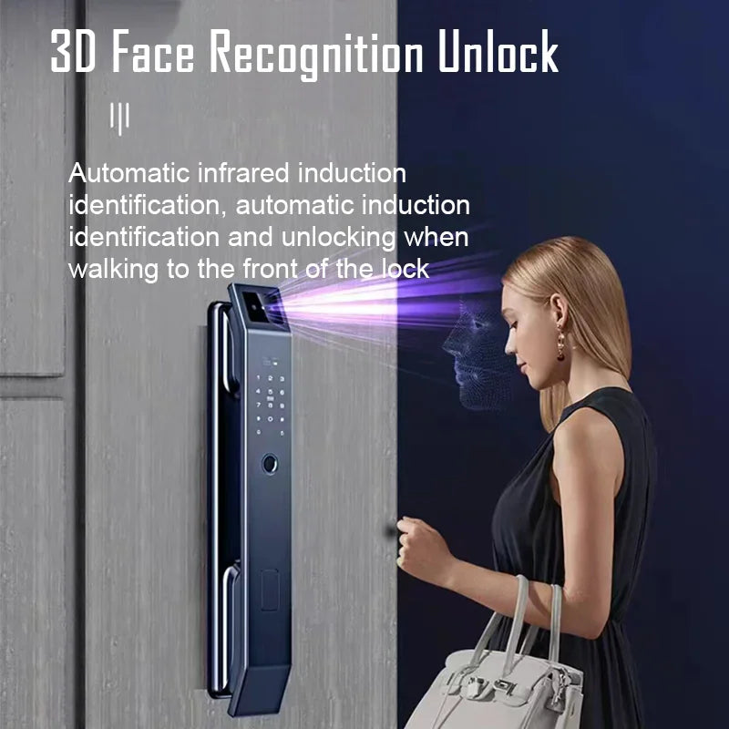 Woman standing in front of a smart door lock using 3D facial recognition for hands-free entry.