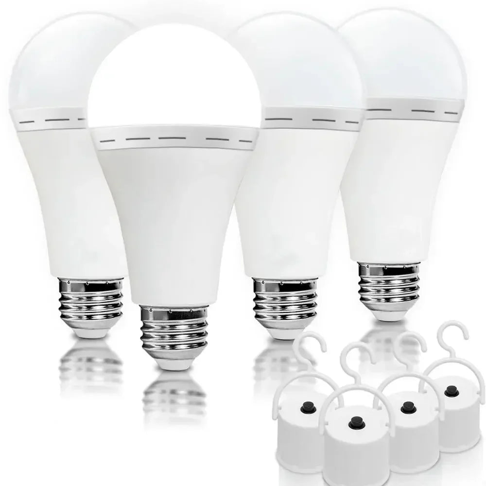 A group of emergency rechargeable LED light bulbs with portable hanging hooks.