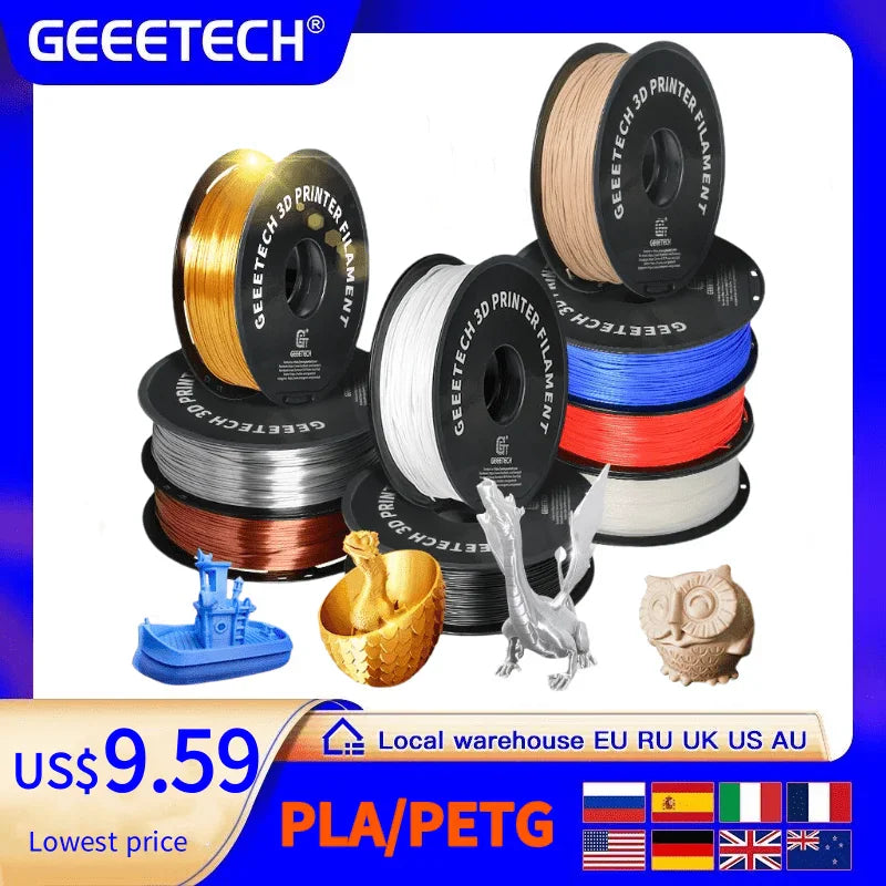 Various colors of 3D printer filament spools with printed examples