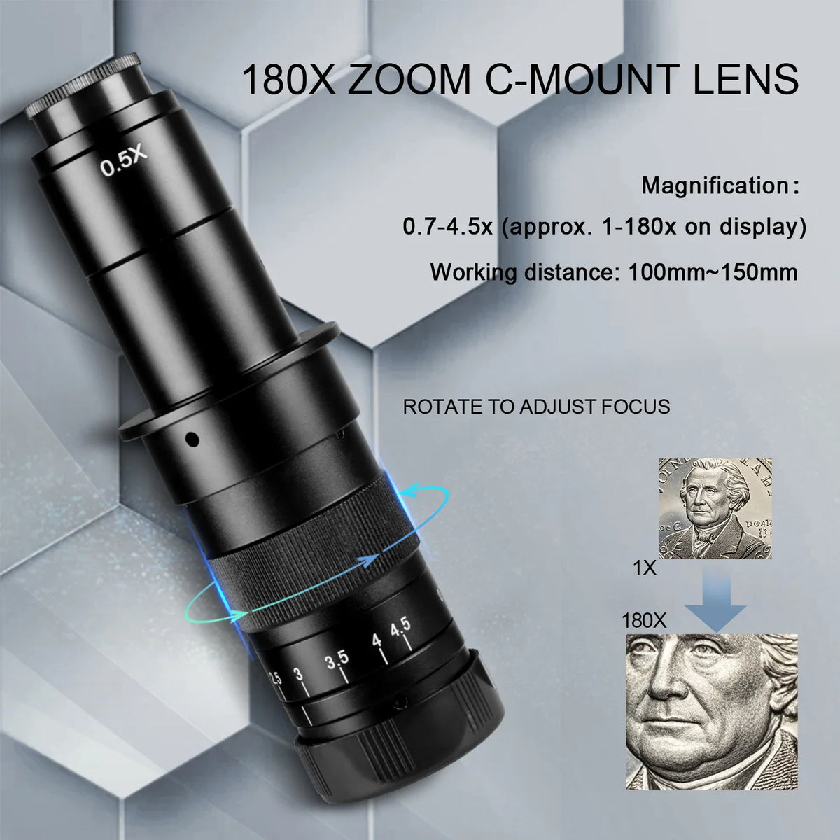 180X zoom C-mount microscope lens with focus adjustment demonstration