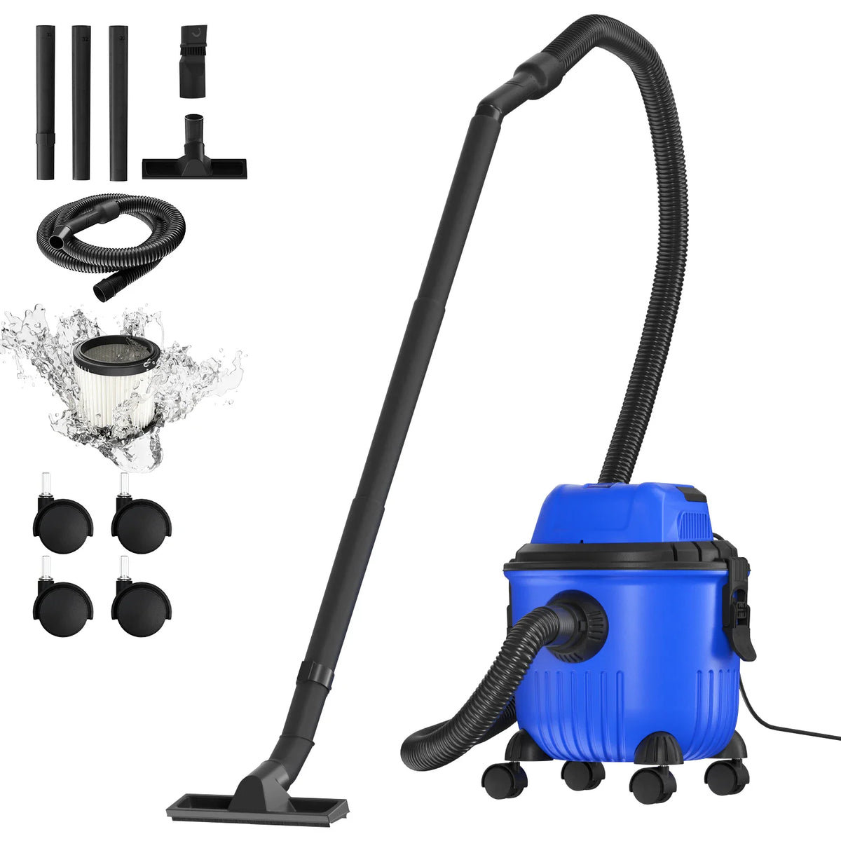 Blue wet and dry vacuum cleaner with detachable hose, filter, and caster wheels
