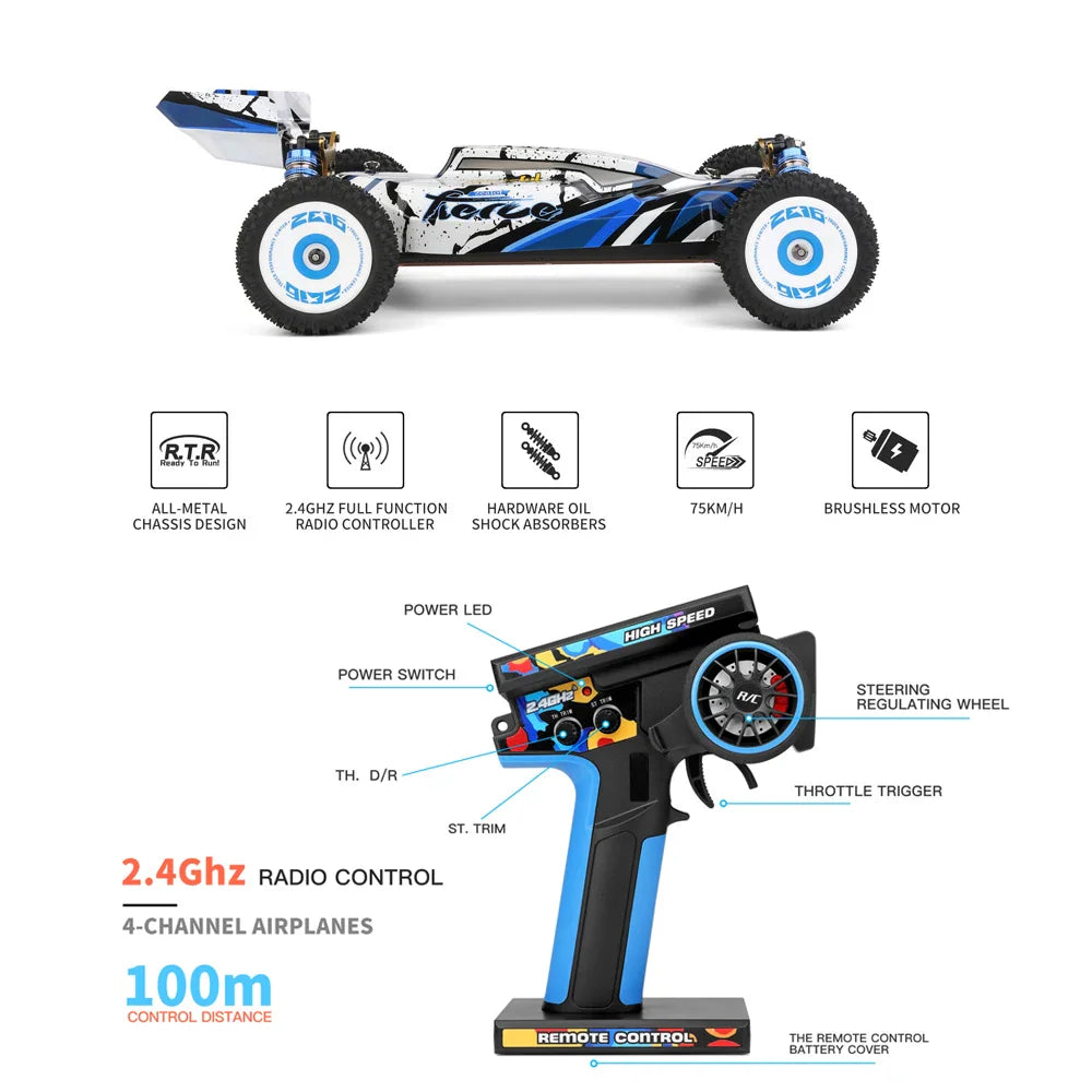 Diagram of a remote control unit for a 1/12 scale RC car showing control features and technical specifications
