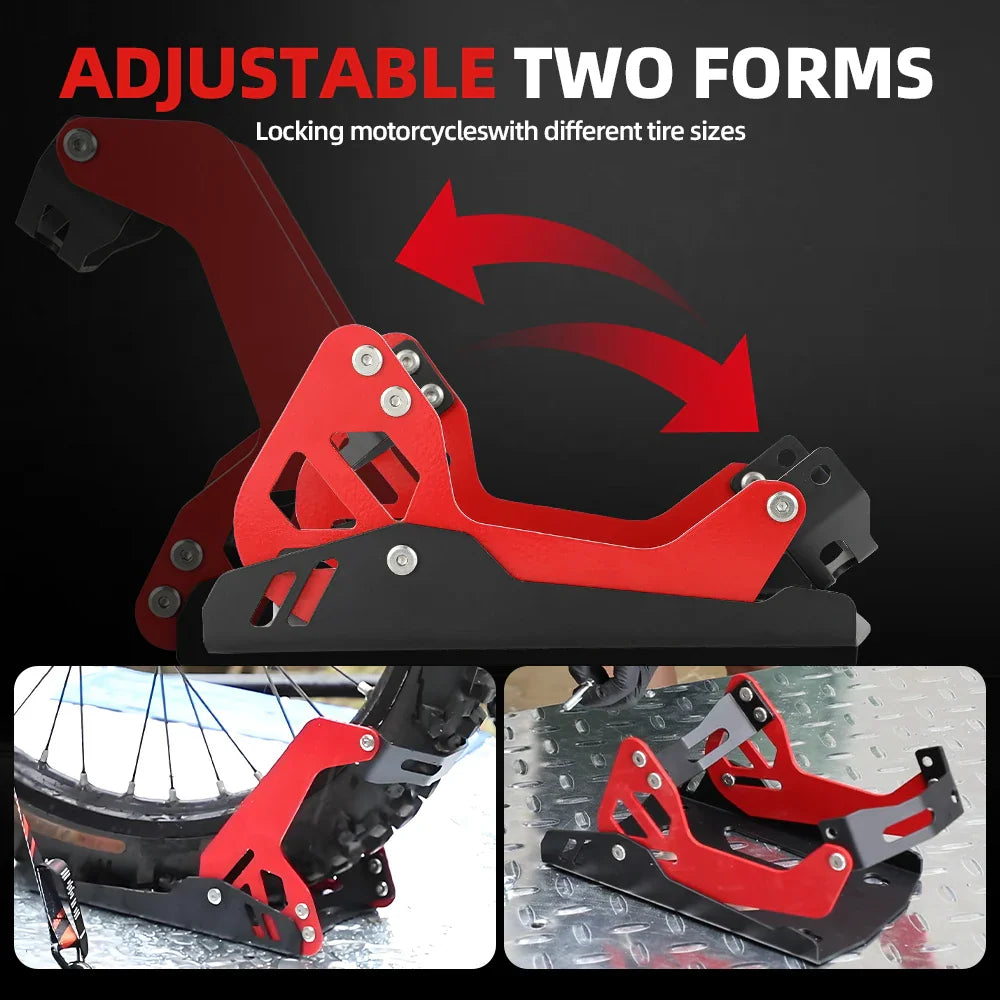 A black and red adjustable motorcycle wheel chock stand shown in two different positions.