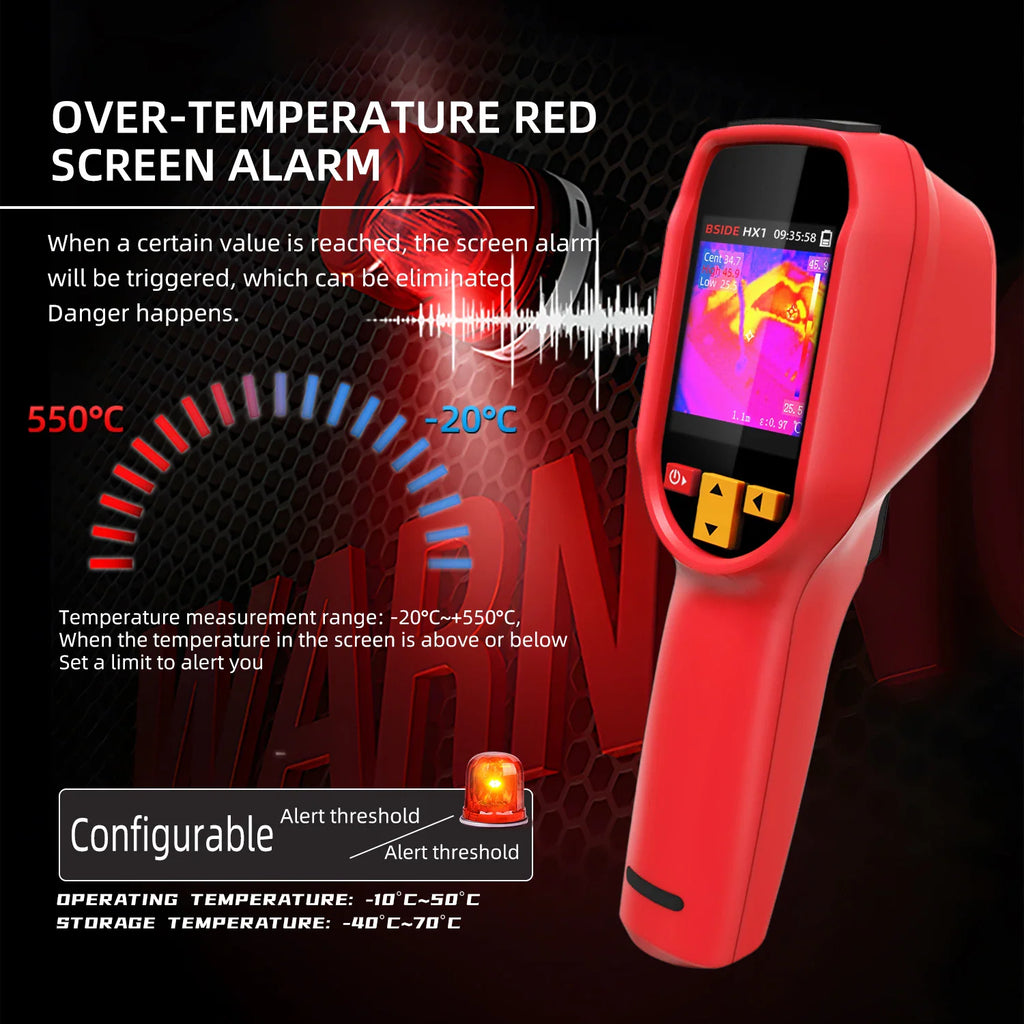 Red handheld thermal imager with an overlay showing the alarm function for high temperature detection.