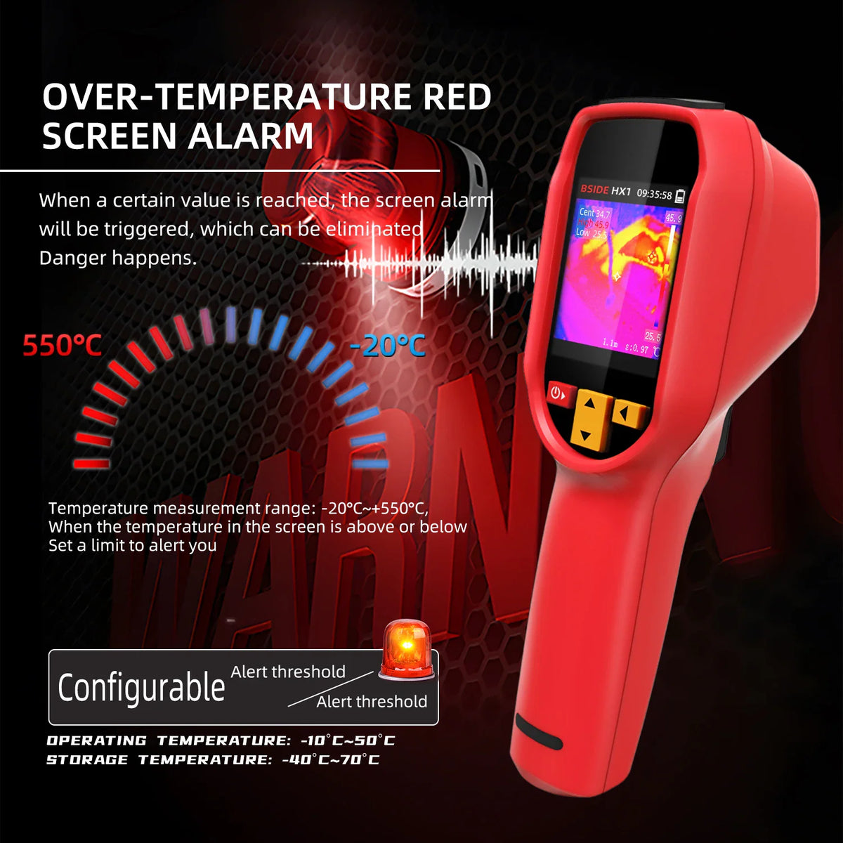 Red handheld thermal imager with an overlay showing the alarm function for high temperature detection.
