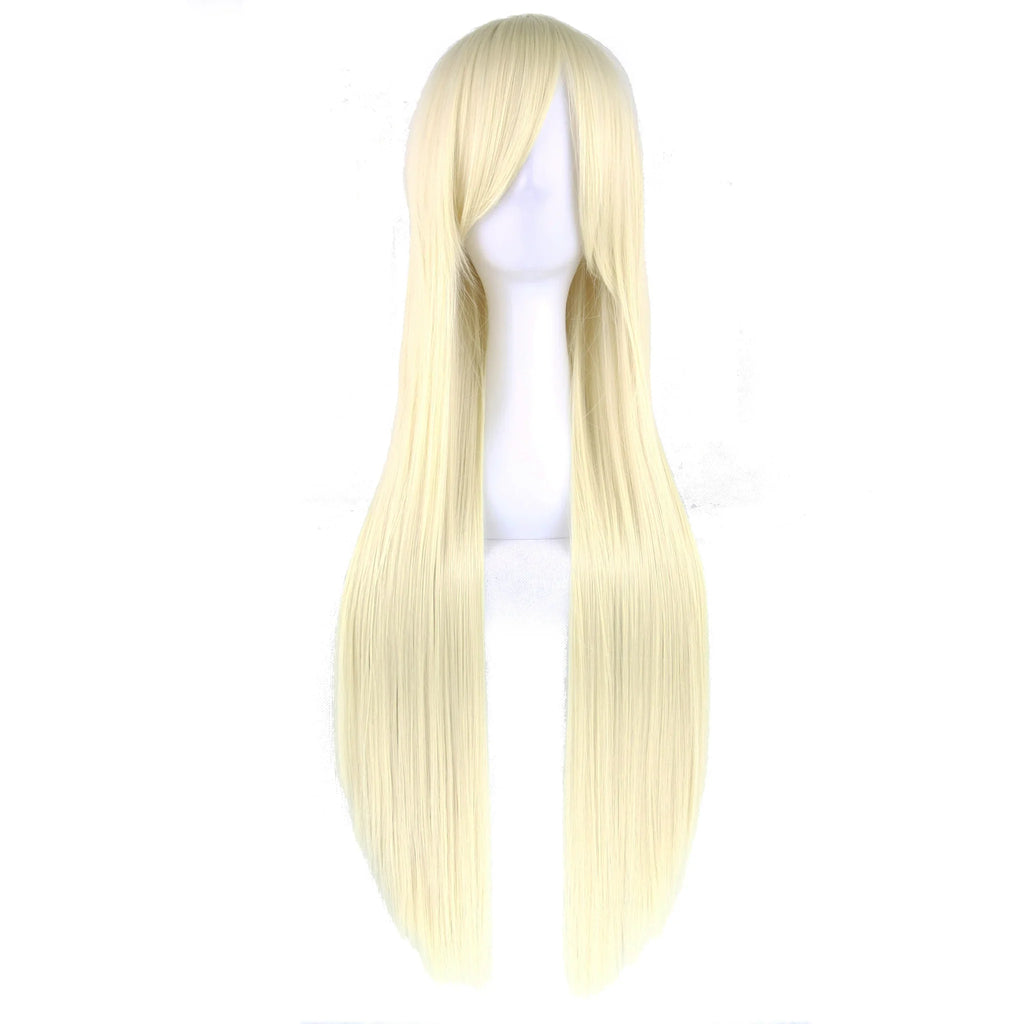 Long straight blonde cosplay wig with bangs on a mannequin head, front view