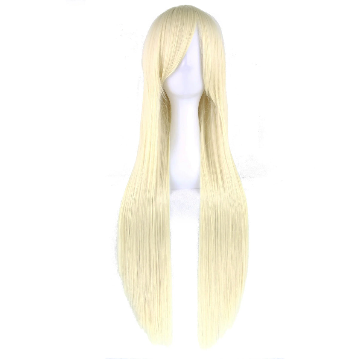 Long straight blonde cosplay wig with bangs on a mannequin head, front view