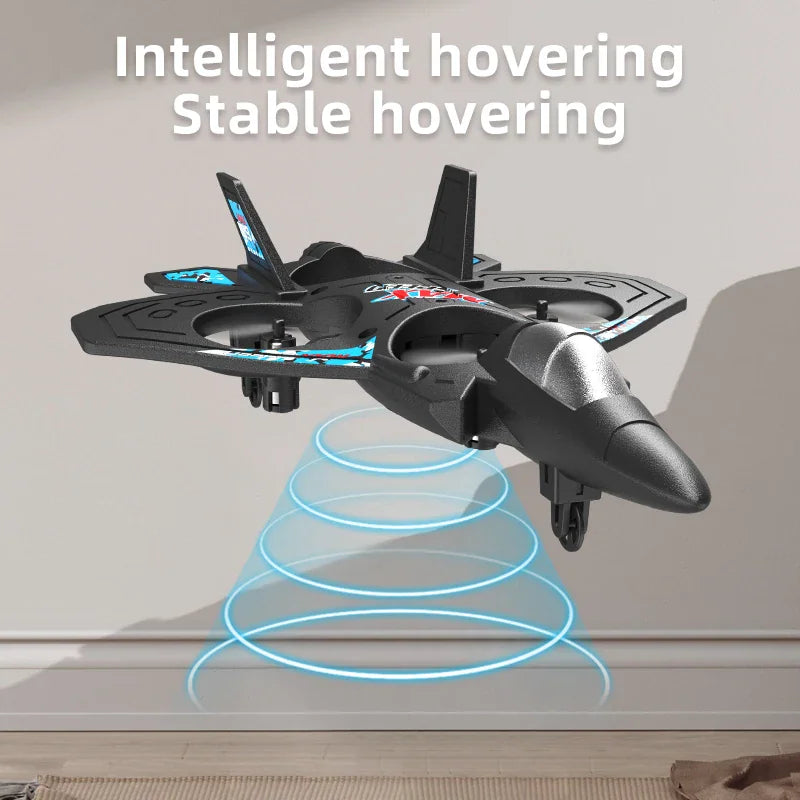Black RC jet quadcopter hovering with light effects