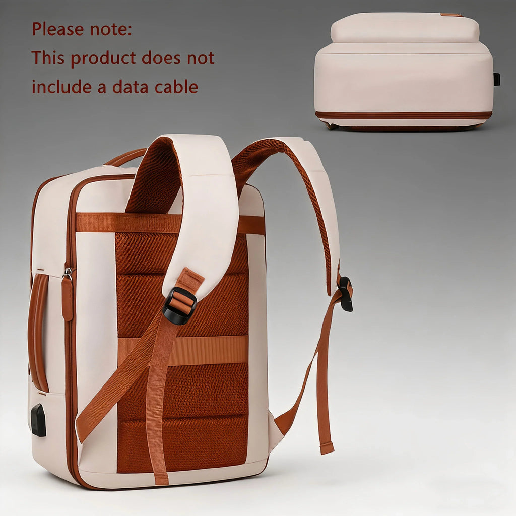 Rear view of a beige laptop backpack showing shoulder straps and back padding.