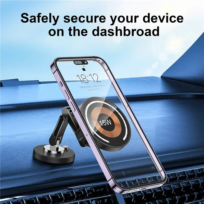 Magnetic phone holder attached to car dashboard with a smartphone mounted
