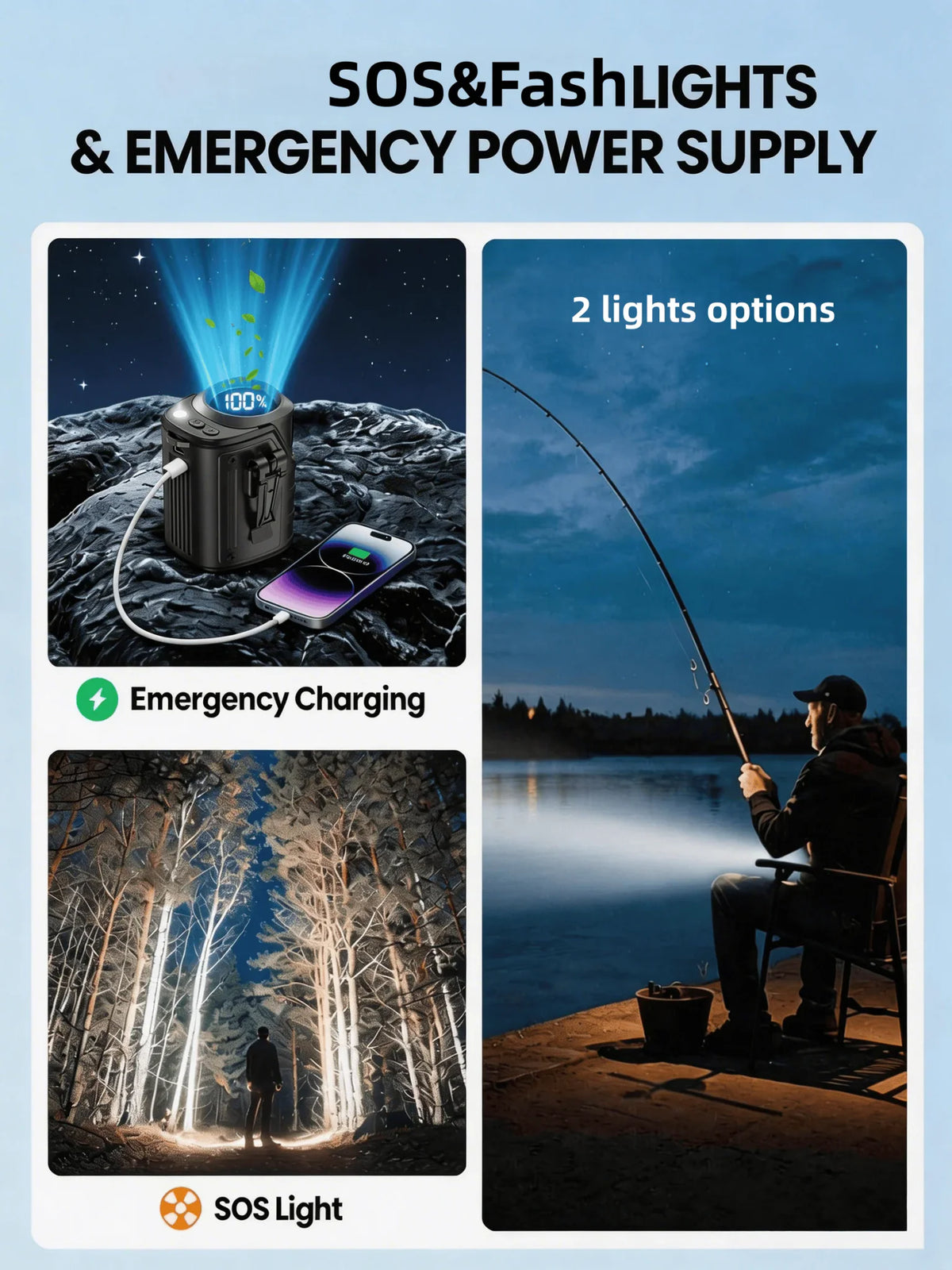 Portable fan features including emergency power bank, flashlight and SOS signal light